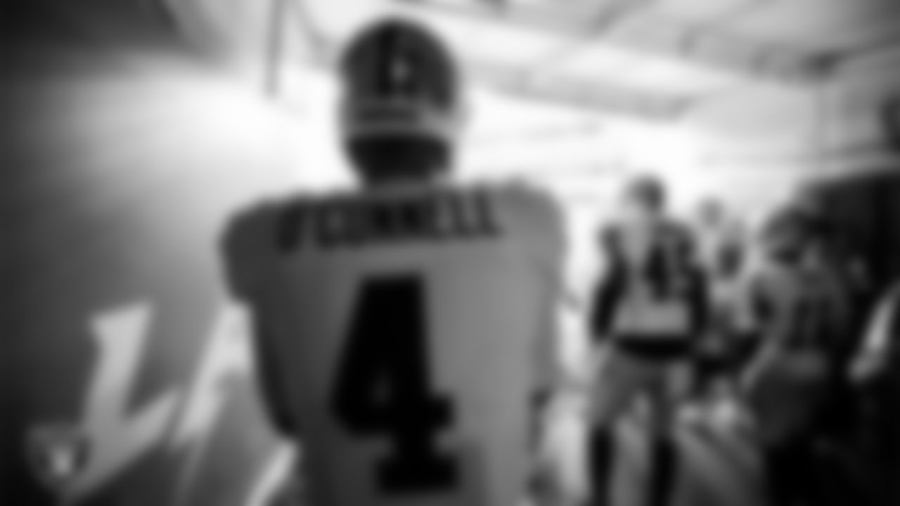 Las Vegas Raiders quarterback Aidan O'Connell (4) waits for the team to be introduced onto the field before the regular season away game against the Los Angeles Chargers at SoFi Stadium.
