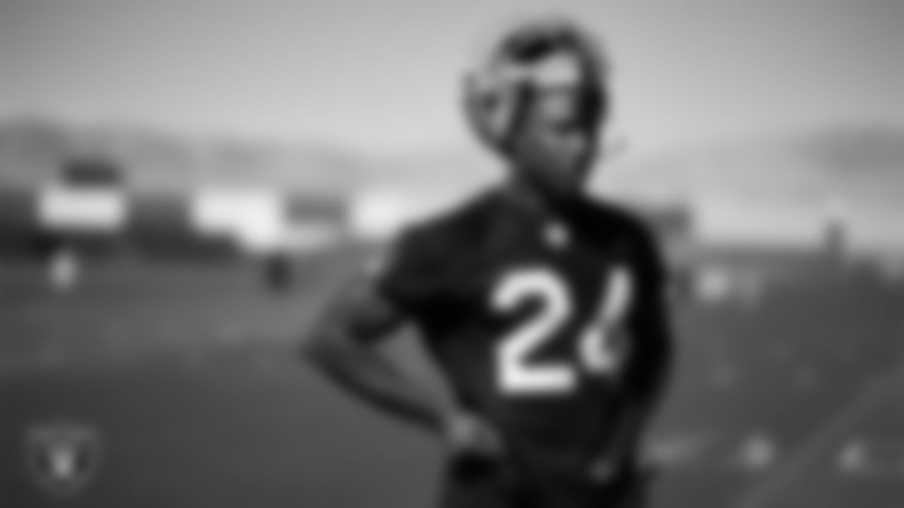 Las Vegas Raiders cornerback Marcus Peters (24) on the field for practice at 2023 Training Camp at Intermountain Health Performance Center.