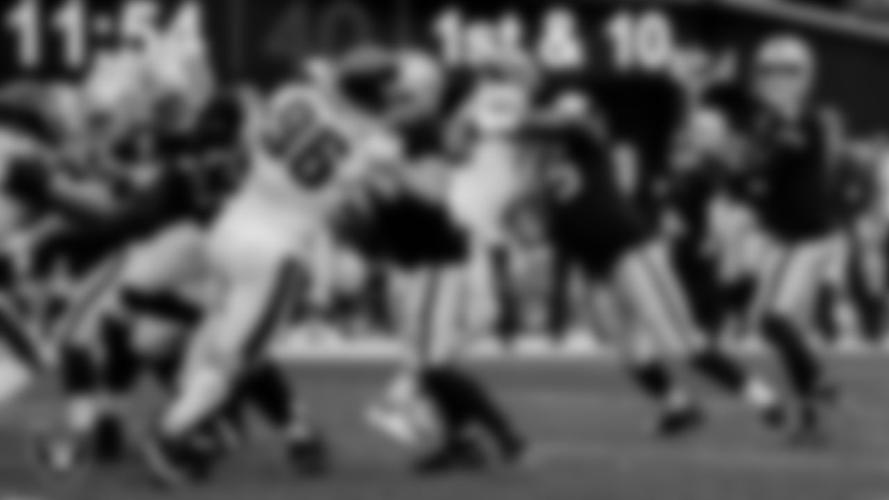 Las Vegas Raiders quarterback Derek Carr (4) looks for a receiver during the regular season home game against the Philadelphia Eagles.