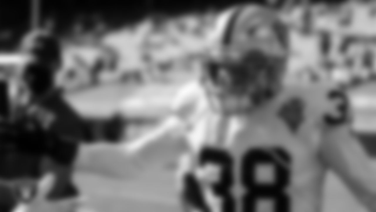 Las Vegas Raiders safety Jeff Heath (38) celebrates on the sidelines after intercepting a pass during the regular season away game against the Kansas City Chiefs.