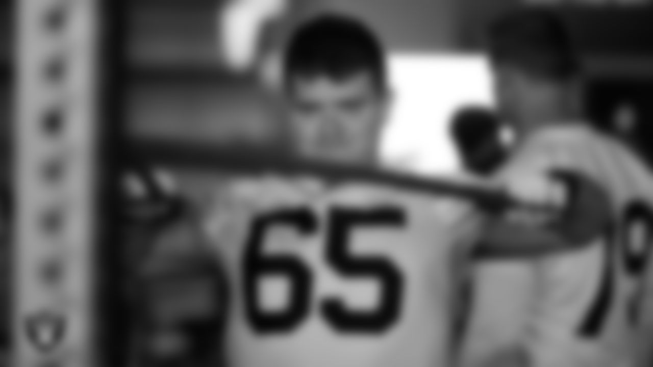 Las Vegas Raiders center Jimmy Morrissey (65) in the weight room for practice at 2021 Training Camp.