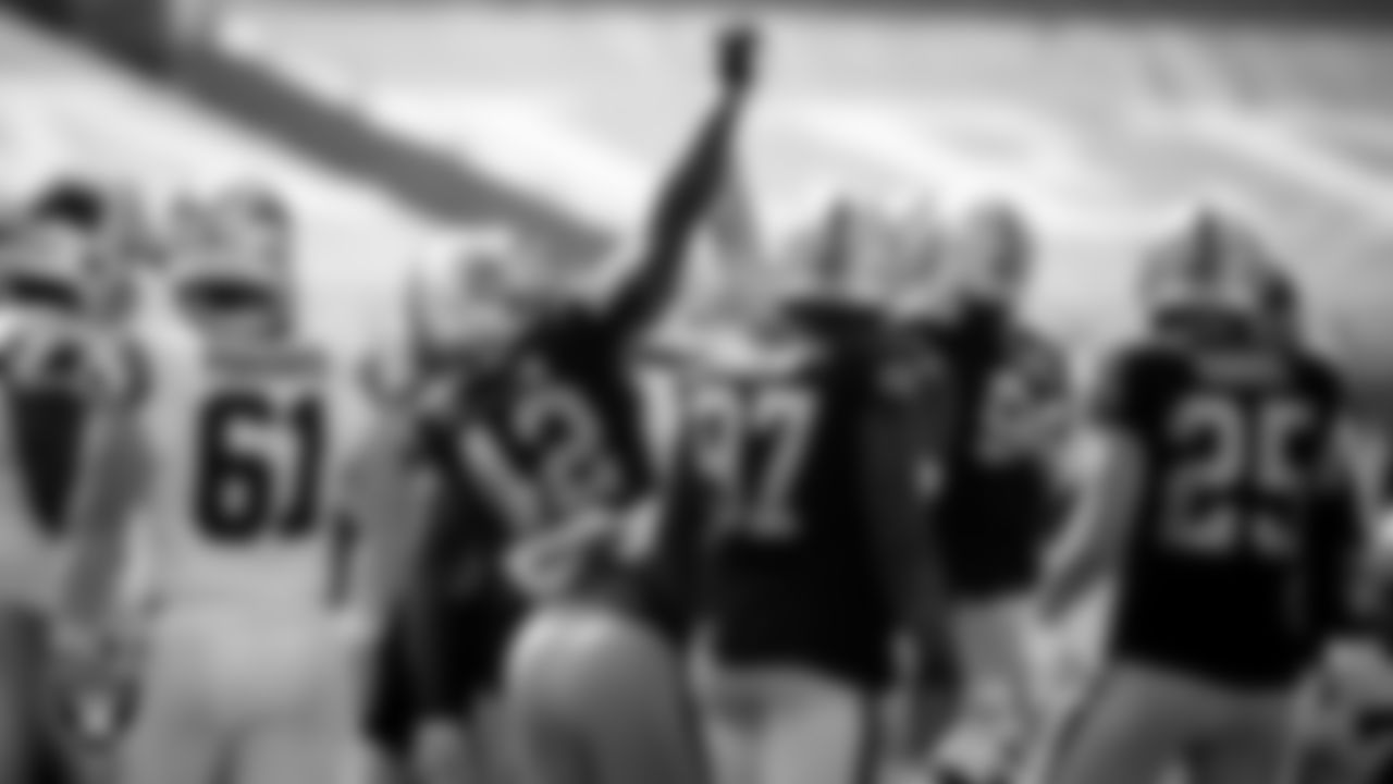 Las Vegas Raiders linebacker Cory Littleton (42) celebrates after making a stop during the regular season away game against the Carolina Panthers.