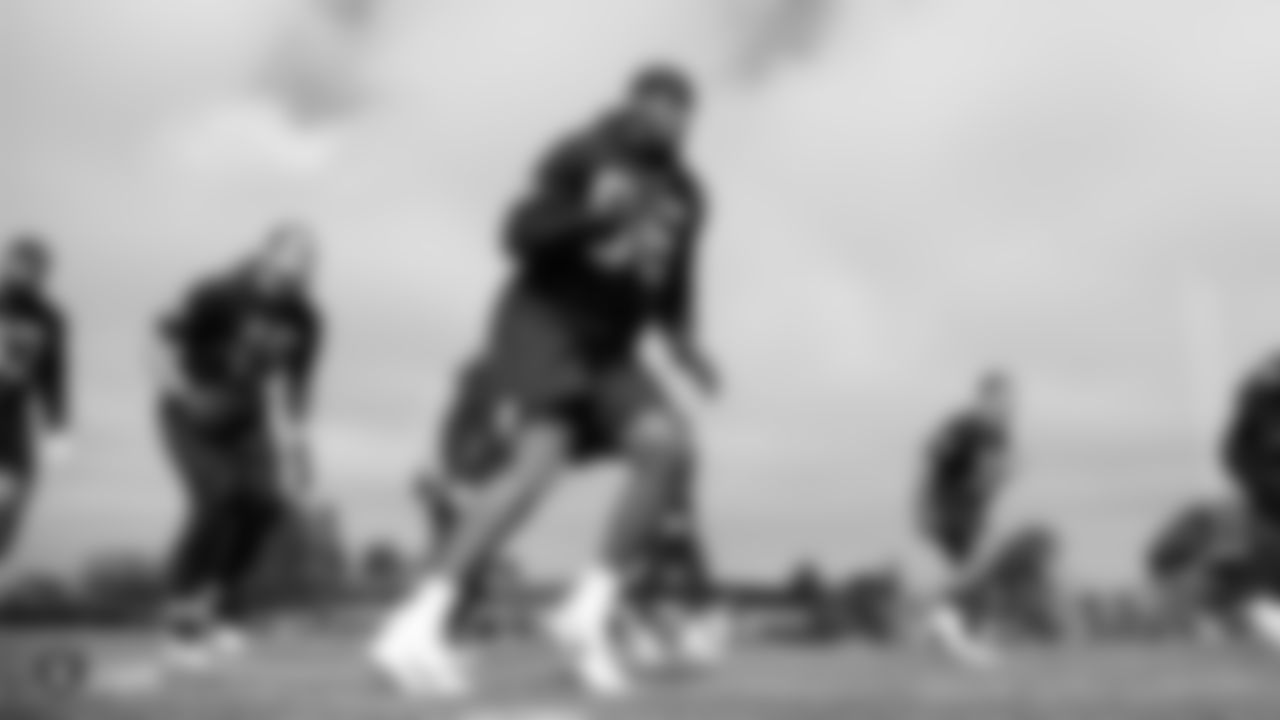 Raiders defensive end Clelin Ferrell (96) at a workout during phase two of the offseason program at the Raiders Practice Facility in Alameda, Calif.
