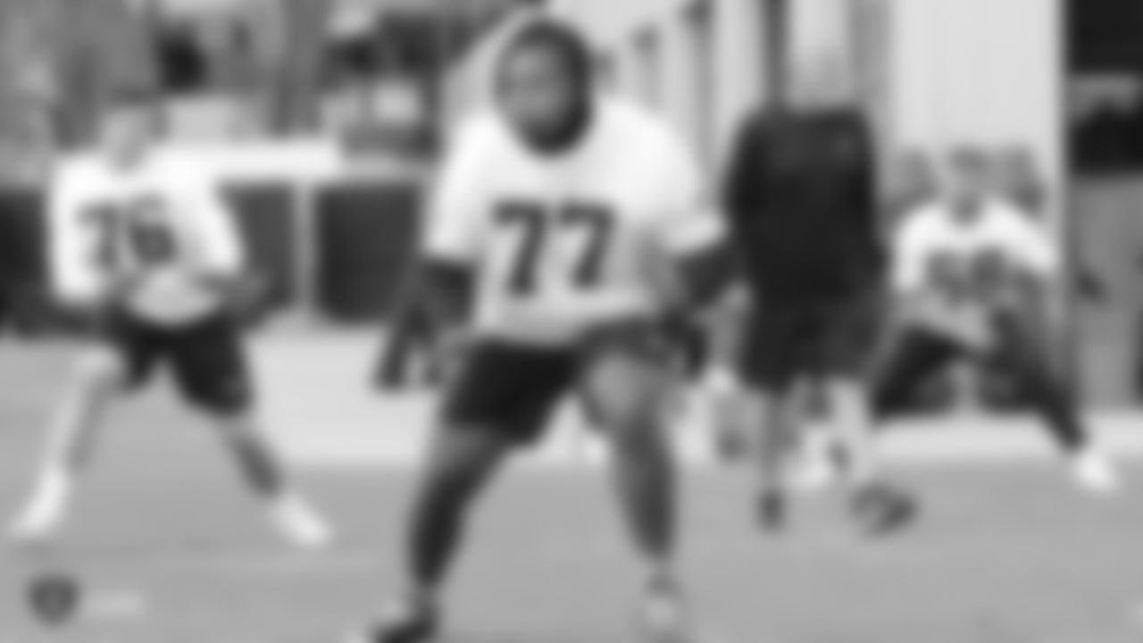 Raiders tackle Trent Brown (77) at a workout during phase two of the offseason program at the Raiders Practice Facility in Alameda, Calif.