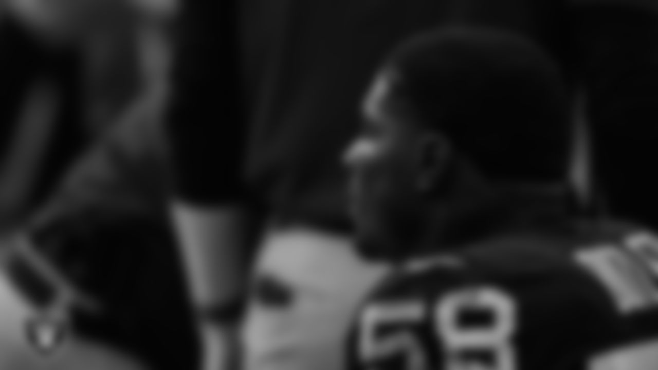 Las Vegas Raiders linebacker Darien Butler (58) on the bench during the regular season home game against the Denver Broncos at Allegiant Stadium.