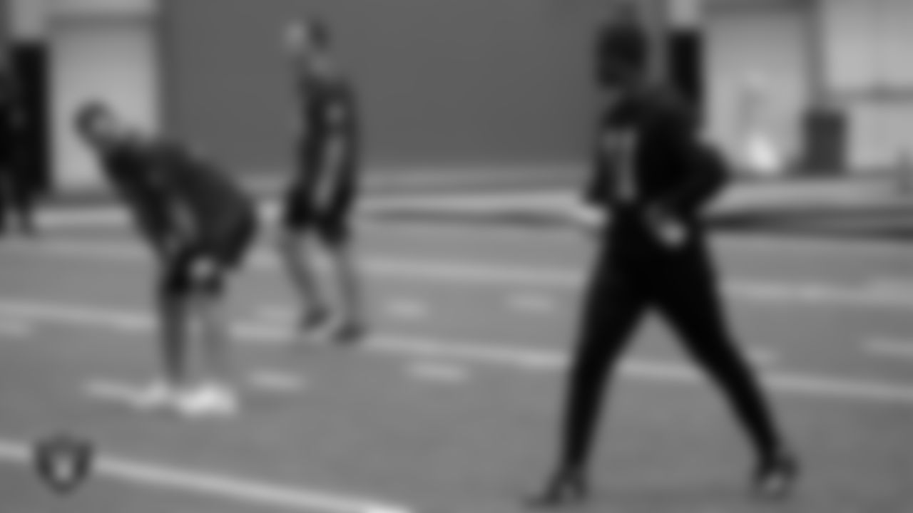 Las Vegas Raiders quarterback Nathan Peterman (3) and wide receiver Henry Ruggs III (11) on the field for a walk through at 2020 Training Camp.