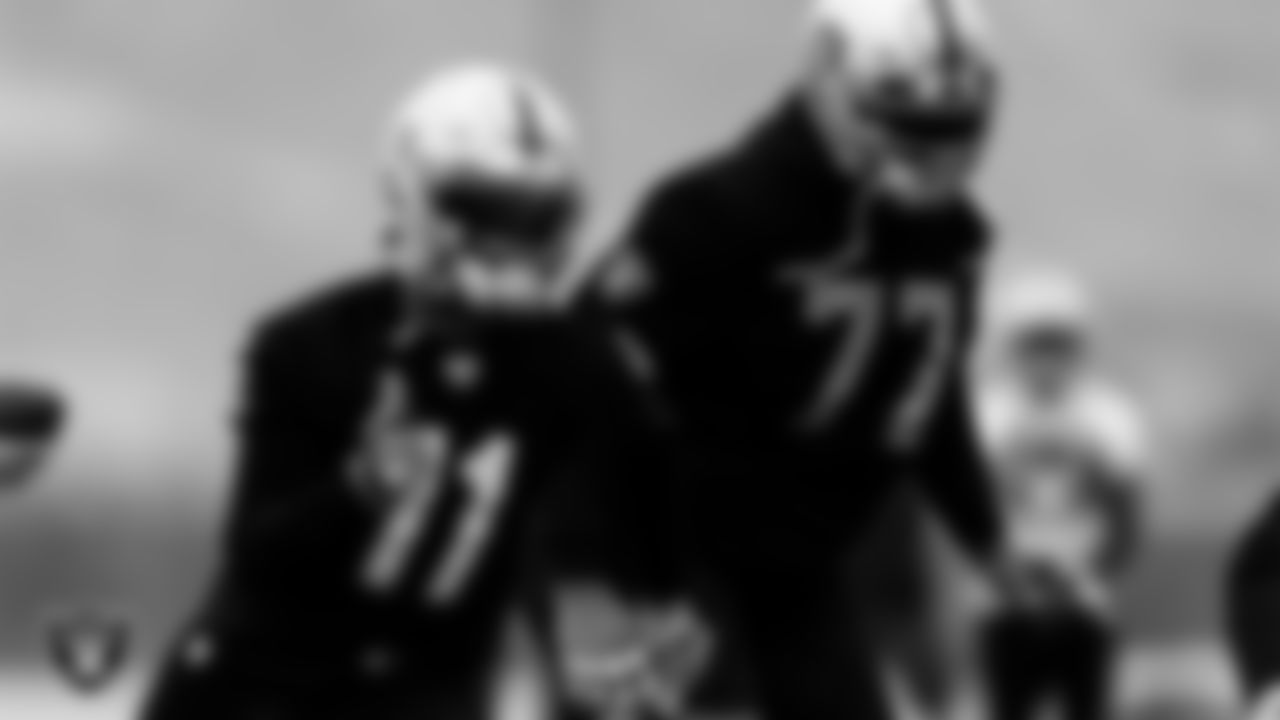 Las Vegas Raiders tackle Trent Brown (77) during practice at Intermountain Healthcare Performance Center.