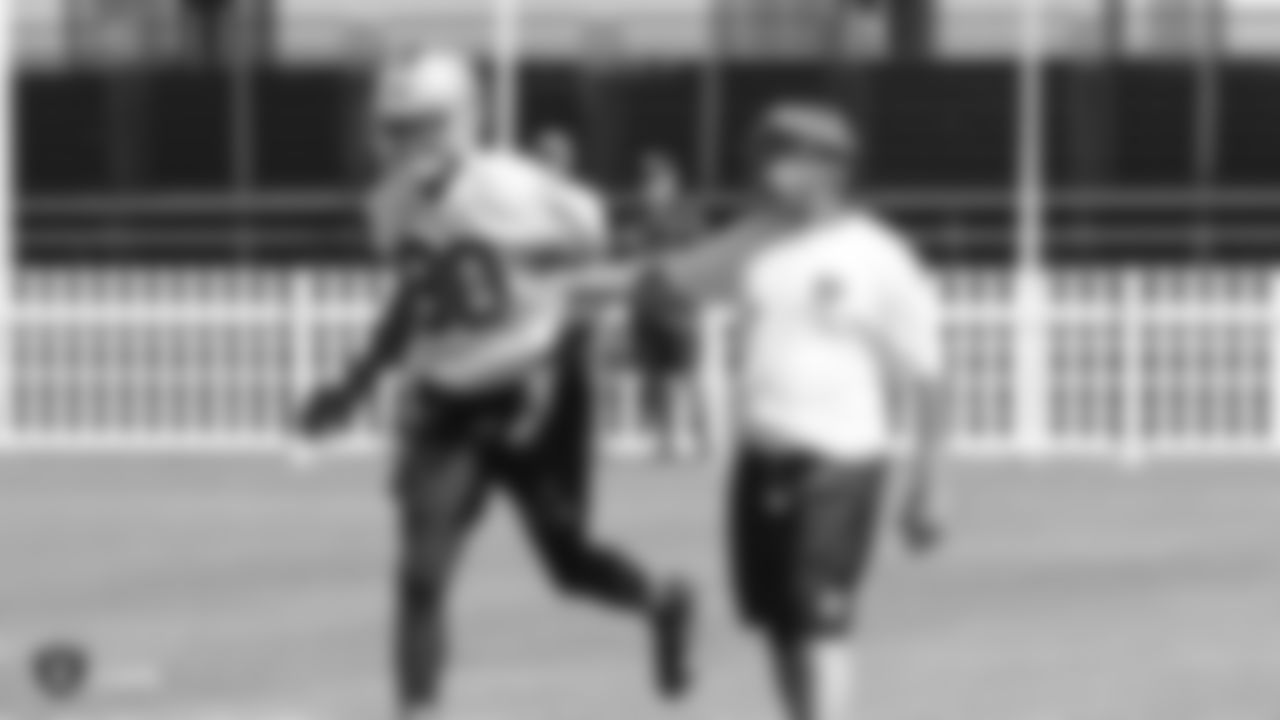 Oakland Raiders wide receiver Saeed Blacknall (80) and head coach Jon Gruden on the field for practice at 2018 Pre-Training Camp at The Oakland Raiders Napa Valley Training Complex, Wednesday, July 25, 2018, in Napa, California.