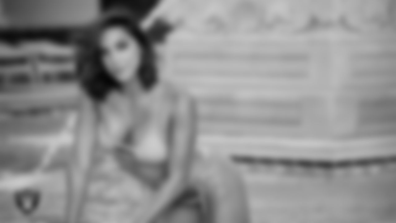 Raiderette Natali poses for the 2021 Raiderettes Swimsuit Photoshoot at Bellagio Resort and Casino.