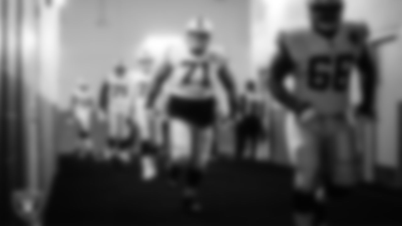 Las Vegas Raiders tackle Denzelle Good (71) walks down the tunnel before the regular season away game against the Atlanta Falcons.