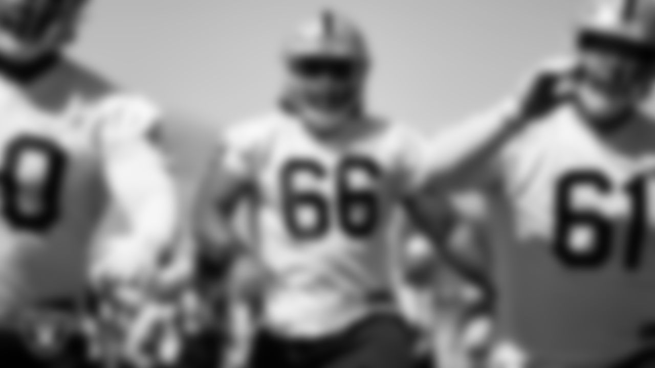 Las Vegas Raiders guard Dylan Parham (66) at an Organized Team Activity (OTA).