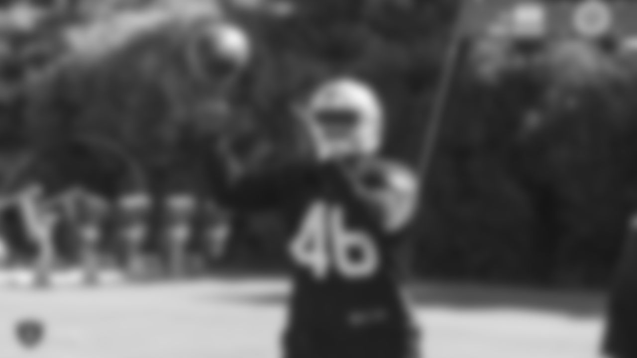 Oakland Raiders linebacker Jason Cabinda (46) on the field for practice at 2018 Pre-Training Camp at The Oakland Raiders Napa Valley Training Complex, Tuesday, July 24, 2018, in Napa, California.