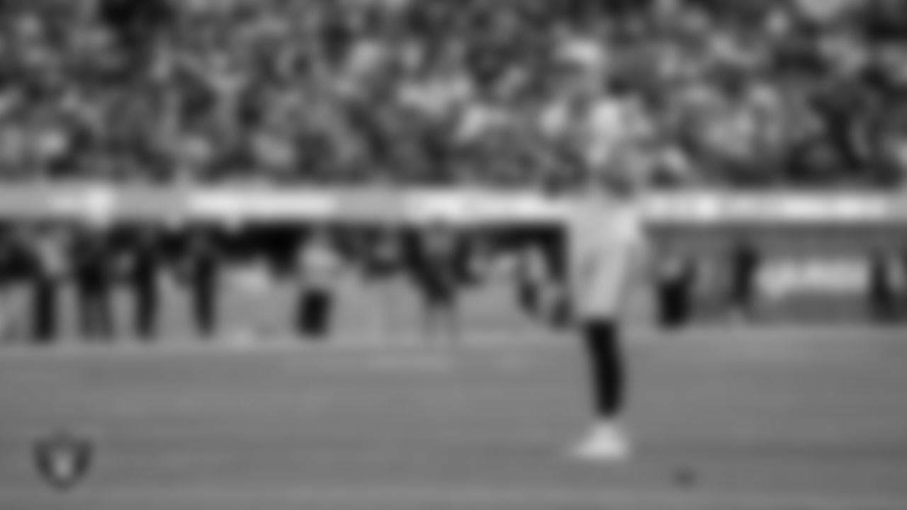 Las Vegas Raiders kicker Daniel Carlson (2) goes to kick a 22-yard field goal during the regular season away game against the Los Angeles Chargers at SoFi Stadium.