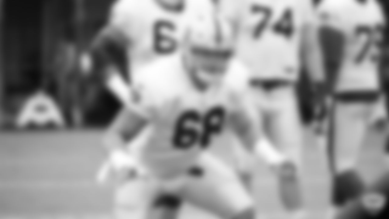 Raiders tackle Andre James (68) on the field for practice at 2019 Training Camp.