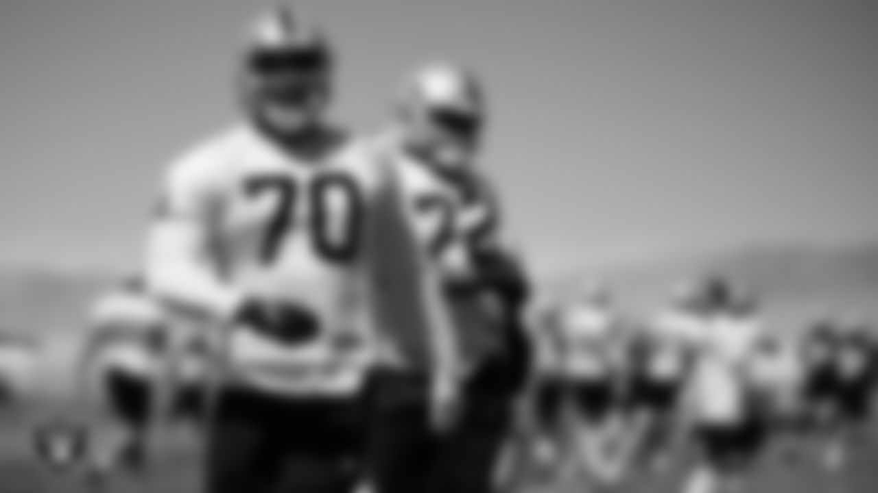 Las Vegas Raiders guard/tackle Alex Leatherwood (70) at an Organized Team Activity (OTA).