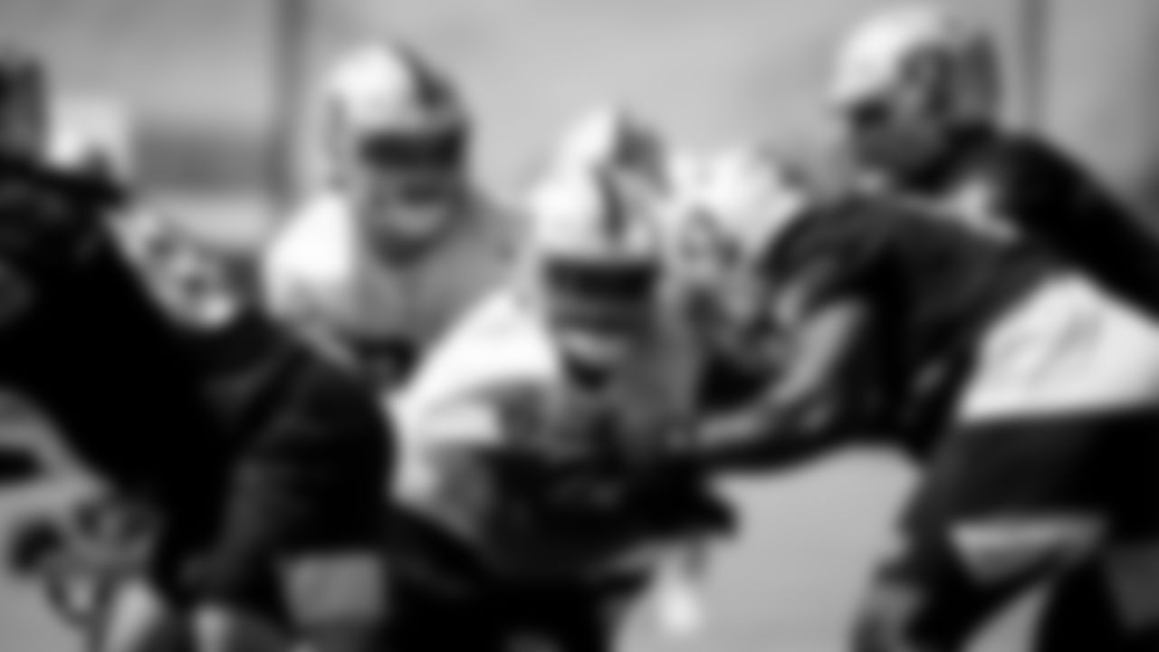 Las Vegas Raiders defensive end Carl Nassib (94), defensive tackle Maurice Hurst (73), guard Lester Cotton Sr. (67) and tackle Denzelle Good (71) during practice.
