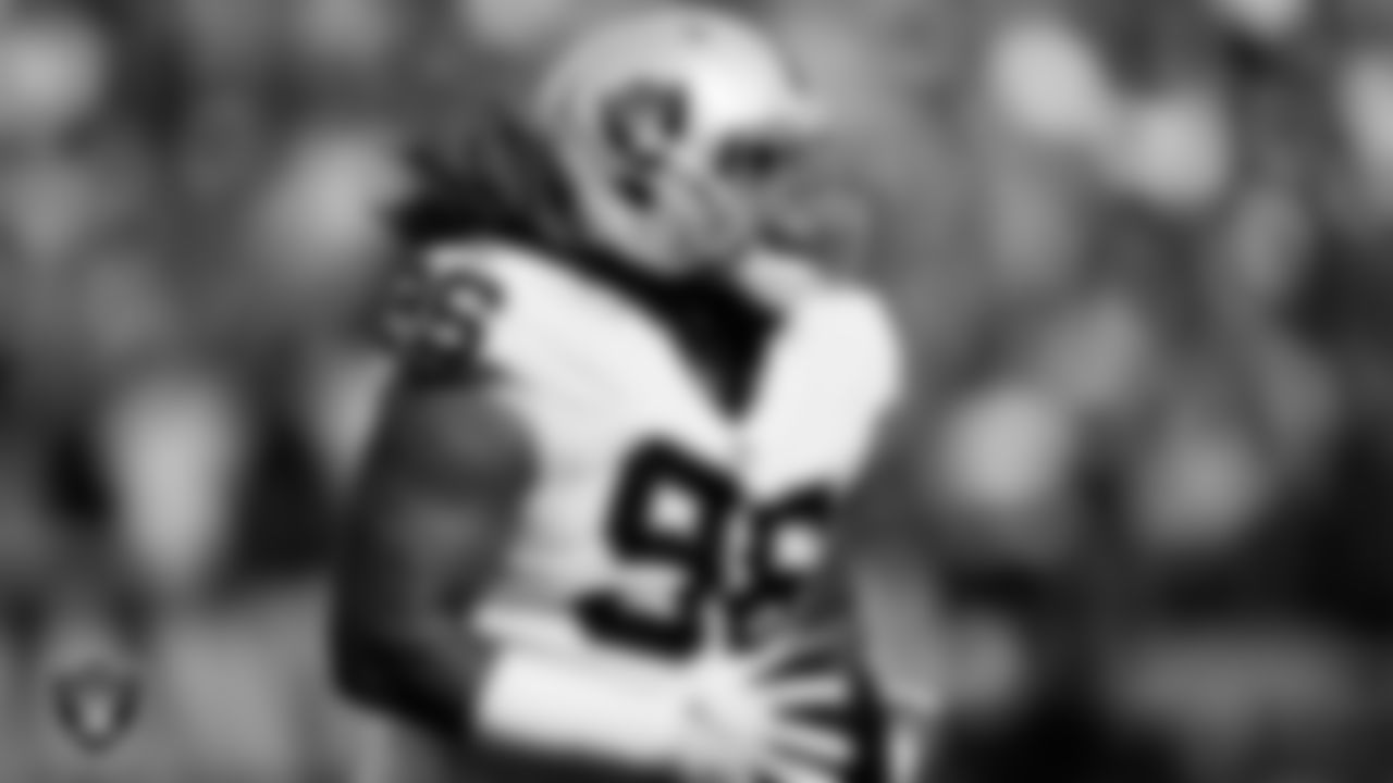 Las Vegas Raiders defensive tackle Darius Philon (96) celebrates after recovering a fumble during the regular season away game against the New York Giants.