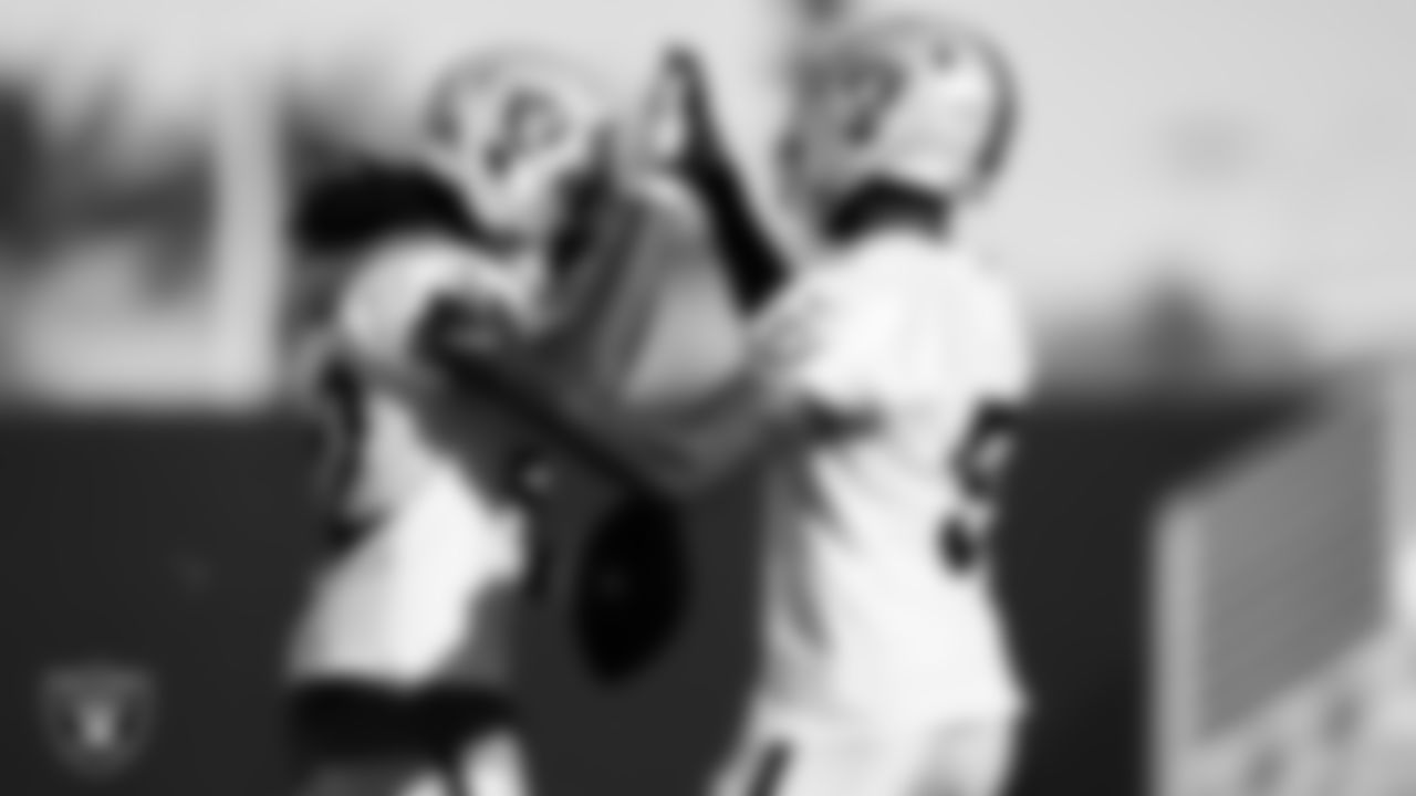 Las Vegas Raiders linebacker Cory Littleton (42) and linebacker Divine Deablo (5) during practice at Intermountain Healthcare Performance Center.