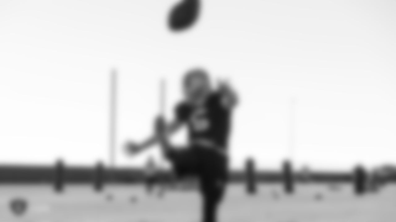Oakland Raiders punter Johnny Townsend (5) on the field for practice at the Oakland Raiders Practice Facility, Monday, November 5, 2018, in Alameda, California.
