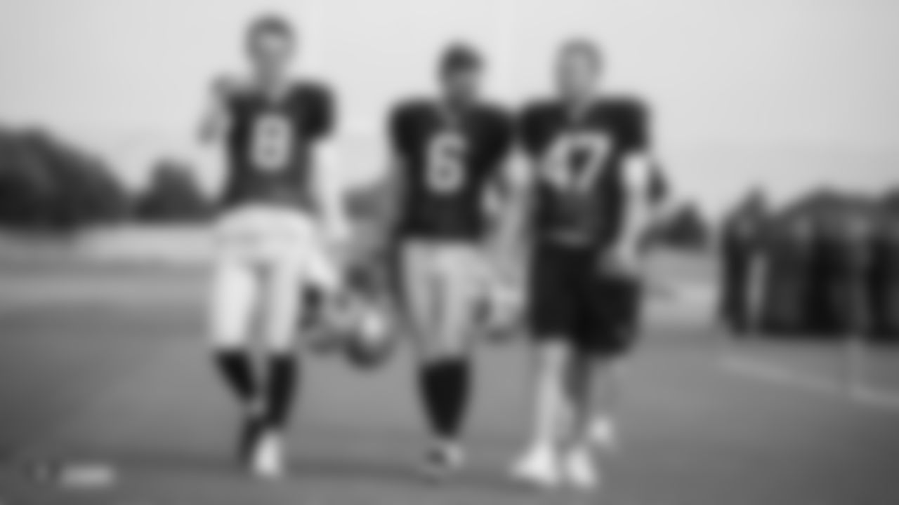 Raiders kicker Daniel Carlson (8), punter AJ Cole (6) and long snapper Trent Sieg (47) on the field during practice.
