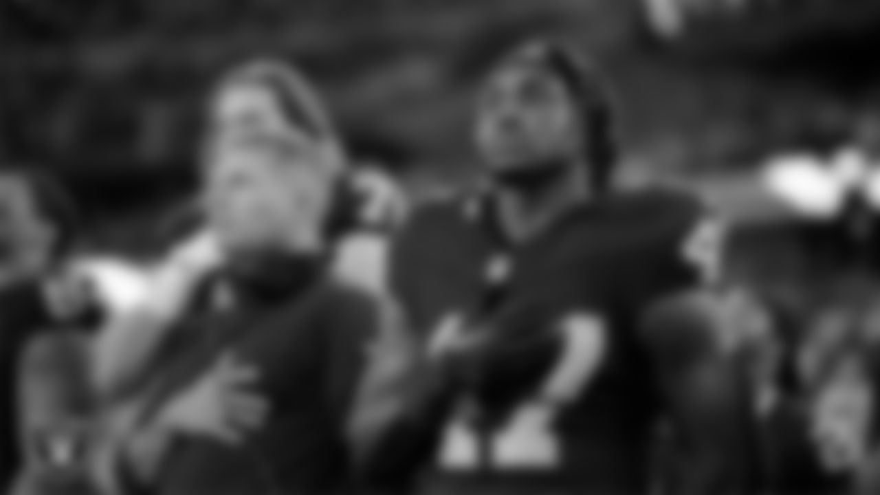 Las Vegas Raiders running back Sincere McCormick (47) during the national anthem before the preseason away game against the Dallas Cowboys at AT&T Stadium.