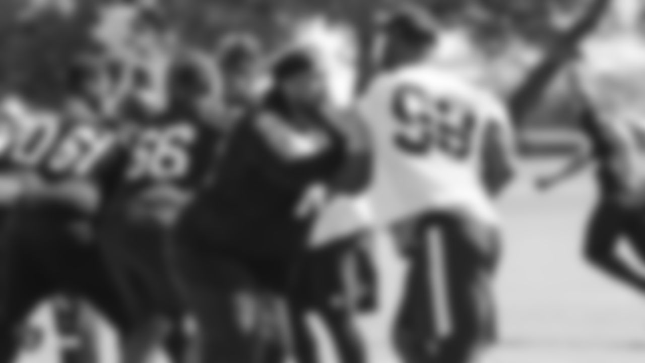 Oakland Raiders offensive tackle Donald Penn (72) blocking defensive tackle Frostee Rucker (98) on the field for practice at 2018 at the Oakland Raiders Practice Facility Saturday, September 8, 2018, in Alameda, California.