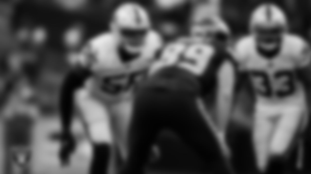 Las Vegas Raiders defensive end Chandler Jones (55) lines up before the snap during the regular season away game against the Seattle Seahawks at Lumen Field.