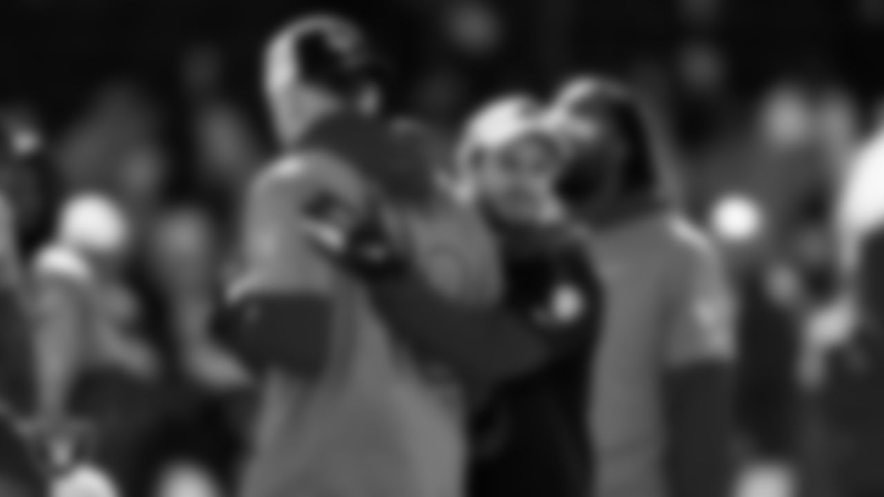 Las Vegas Raiders defensive end Maxx Crosby (98) and wide receiver Hunter Renfrow (13) during a practice for the 2022 Pro Bowl.