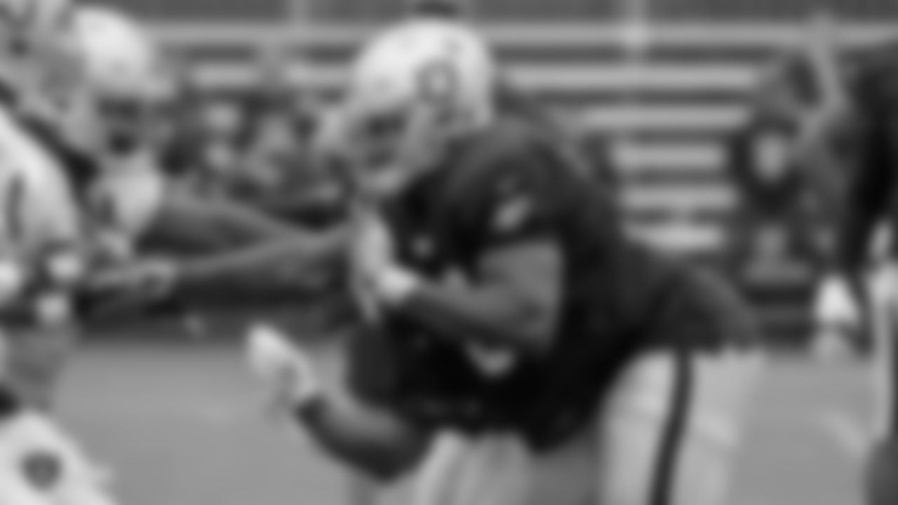 Oakland Raiders offensive guard Kelechi Osemele (70) on the field for practice at 2018 Training Camp at The Oakland Raiders Napa Valley Training Complex, Monday, August 13, 2018, in Napa, California.