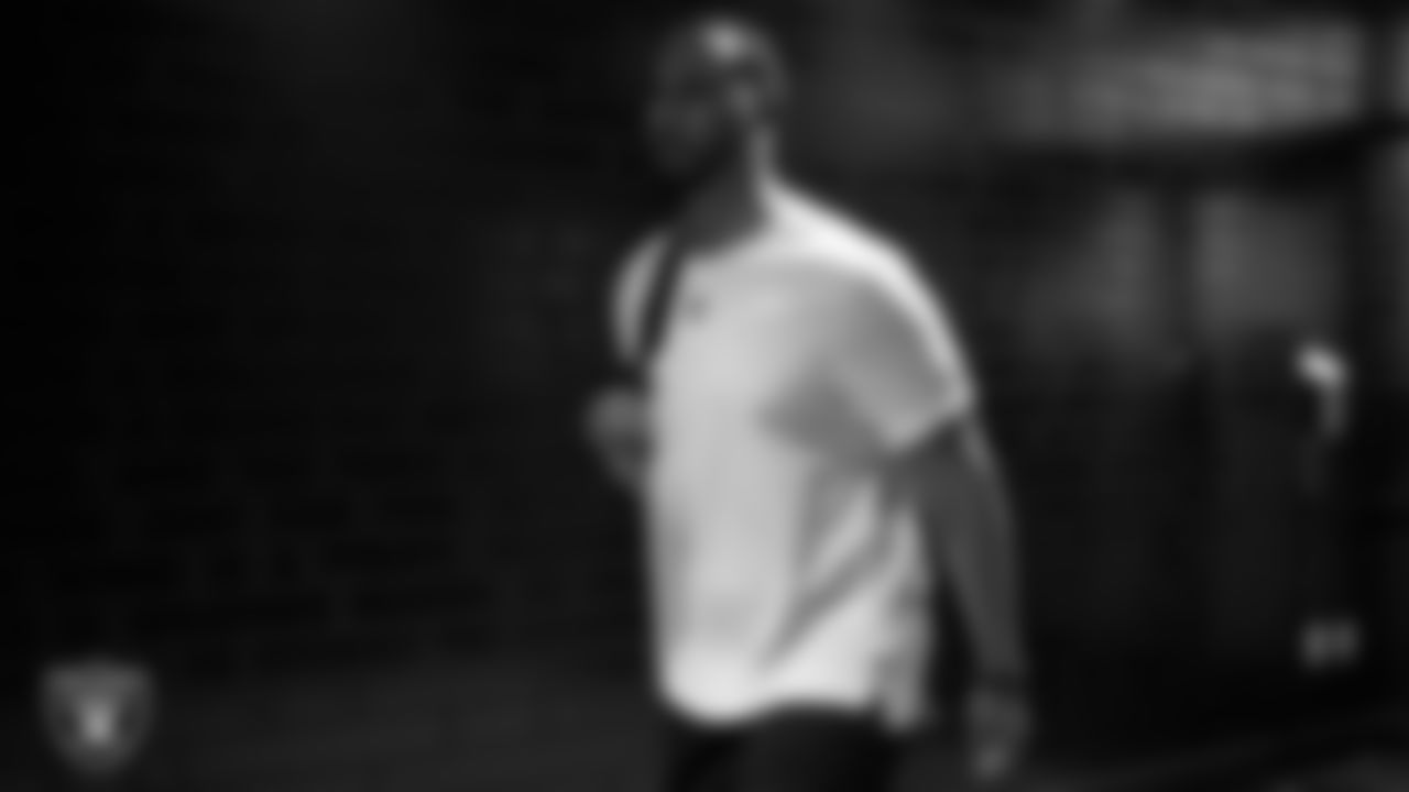 Las Vegas Raiders assistant offensive line coach Cameron Clemmons arrives for 2021 Training Camp.