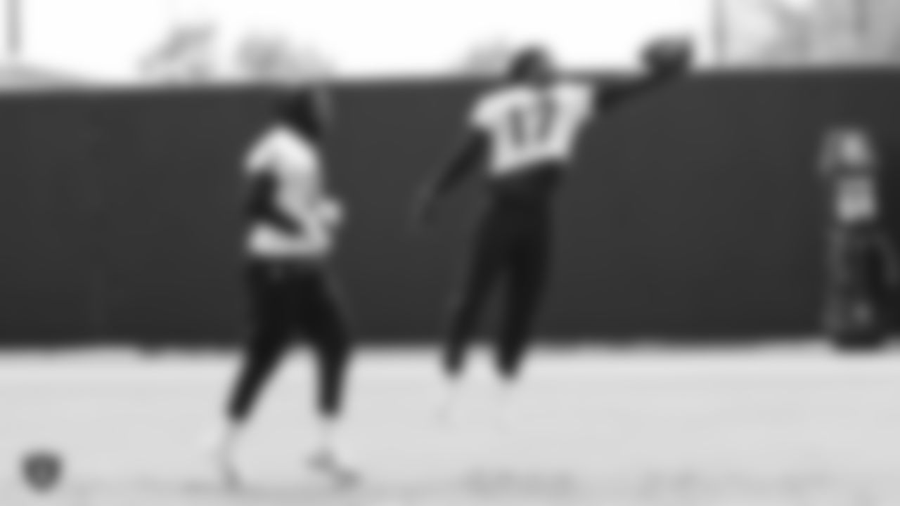 Oakland Raiders wide receiver Brandon LaFell (19) and wide receiver and return specialist Dwayne Harris (17) on the field for practice at the Oakland Raiders Practice Facility, Wednesday, October 3, 2018, in Alameda, California.