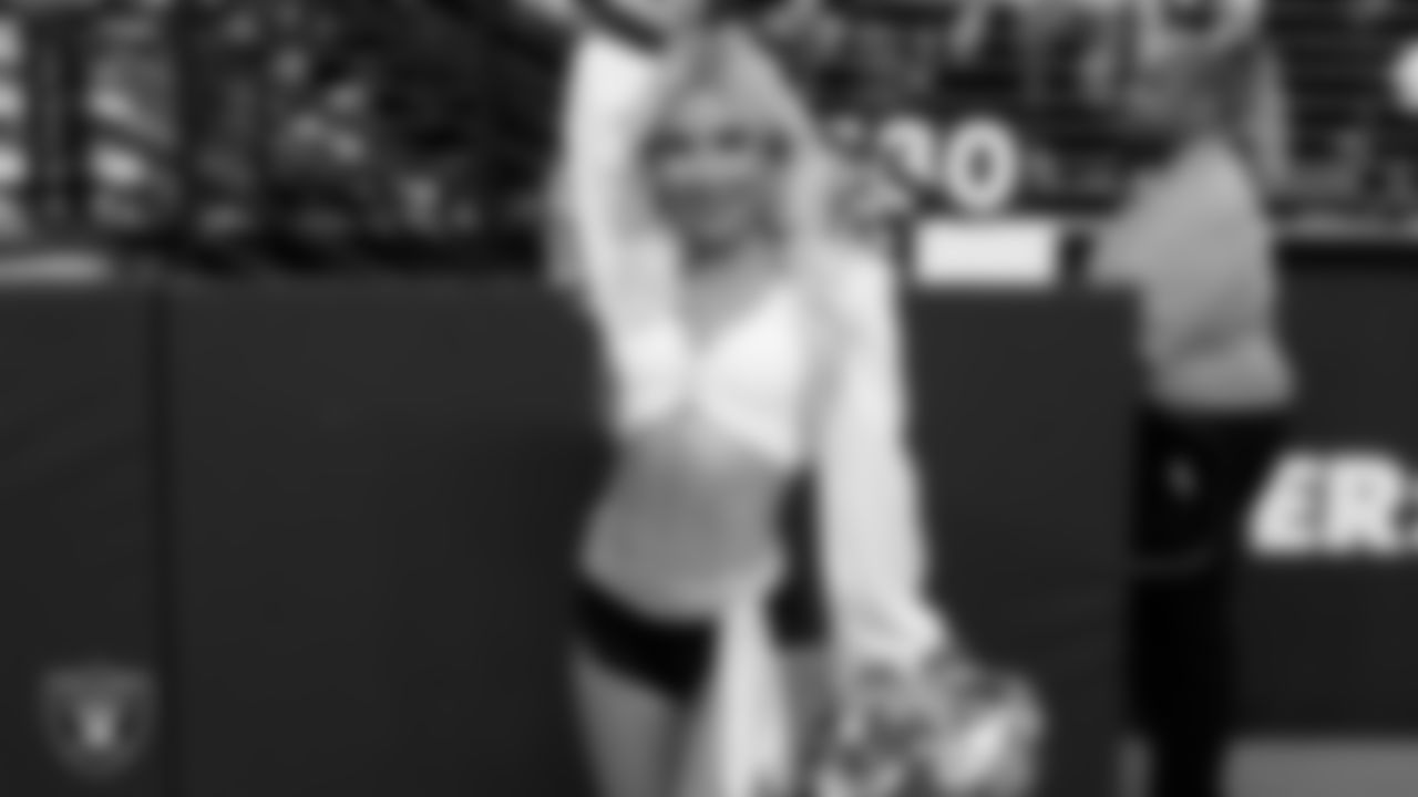 Raiderette Madison E. on the sidelines during the regular season home game against the Los Angeles Chargers at Allegiant Stadium.