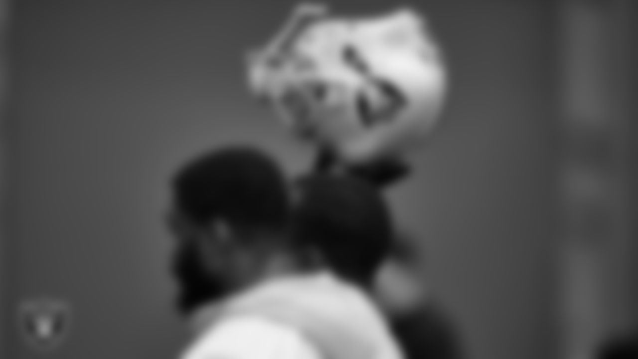 Las Vegas Raiders defensive tackle Damion Square (97) holds his helmet during practice at Intermountain Healthcare Performance Center.