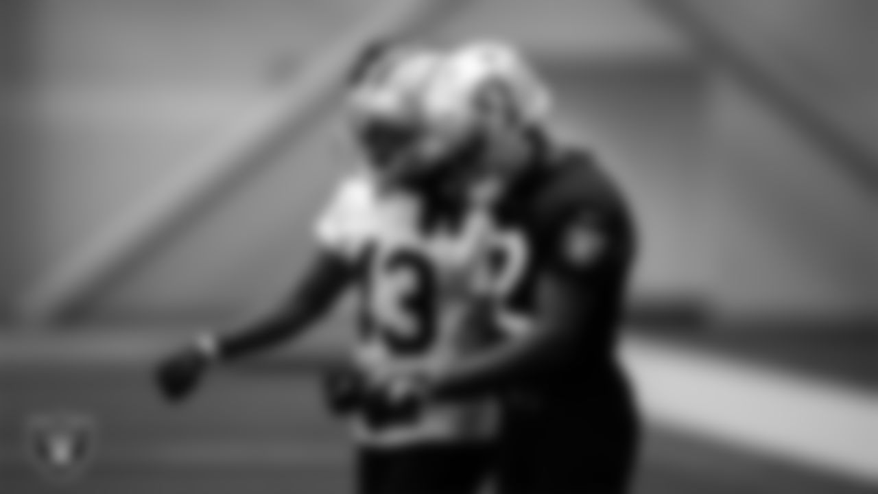 Las Vegas Raiders cornerback Madre Harper (43) and wide receiver Zay Jones (12) during practice.