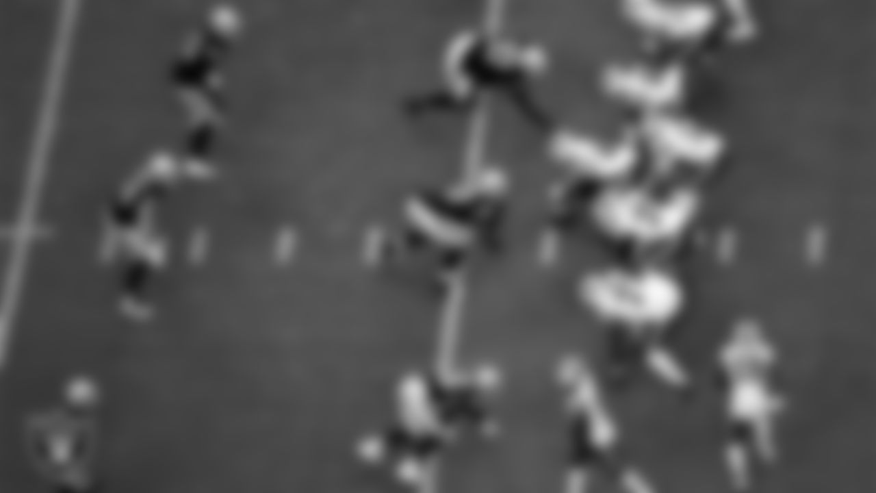 Las Vegas Raiders safety Lamarcus Joyner (29), linebacker Nick Kwiatkoski (44), linebacker Cory Littleton (42), defensive end Clelin Ferrell (96), defensive tackle Johnathan Hankins (90) and defensive tackle Maliek Collins (97) line up before the snap during the regular season home game against the Buffalo Bills.