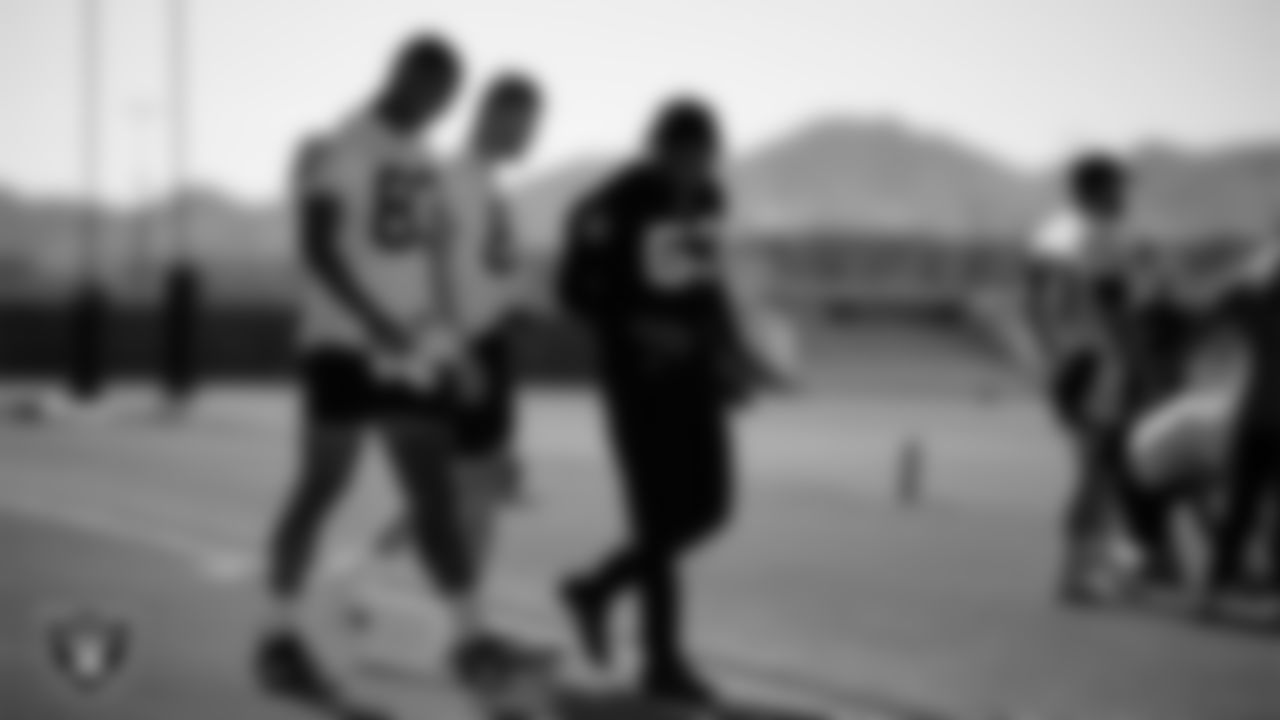 Las Vegas Raiders tight end Darren Waller (83), tight end Nick Bowers (82) and linebacker Kenny Young (53) at a workout during phase two of the offseason program.