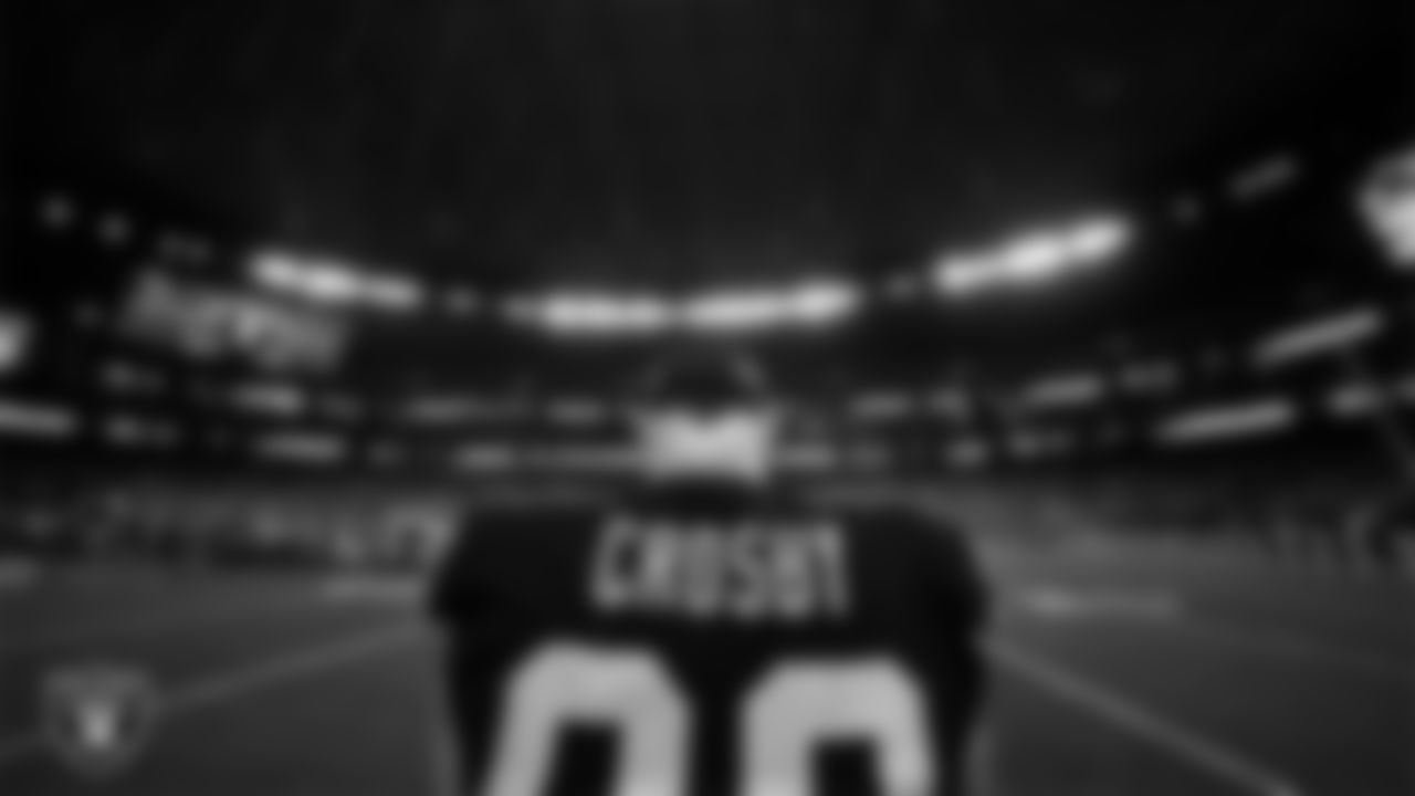 Las Vegas Raiders defensive end Maxx Crosby (98) during the national anthem before the regular season home game against the Los Angeles Chargers.