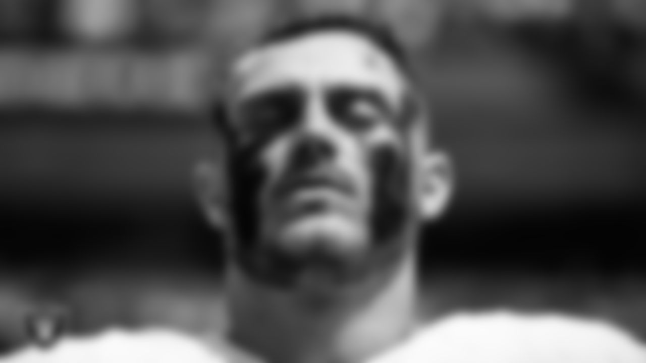 Las Vegas Raiders linebacker Luke Masterson (59) during the national anthem before the regular season away game against the Los Angeles Chargers at SoFi Stadium.