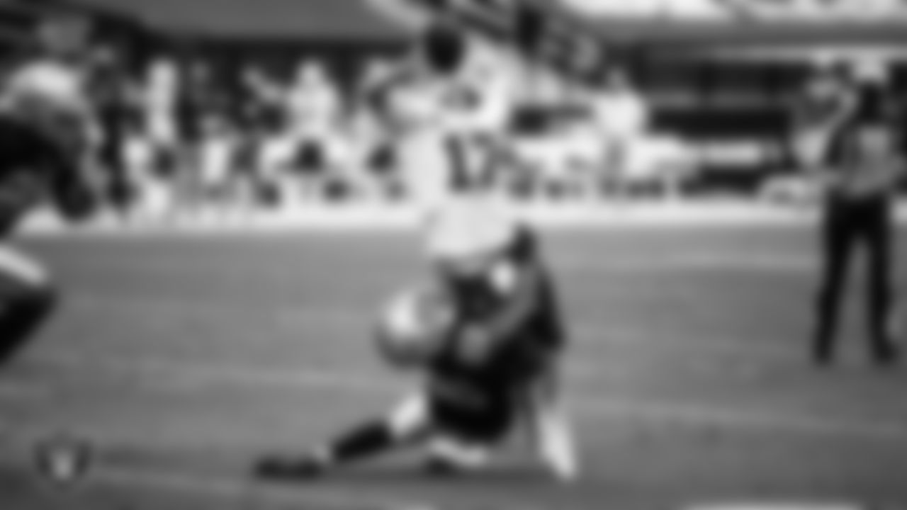 Las Vegas Raiders cornerback Keisean Nixon (22) pressures the quarterback during the regular season home game against the Buffalo Bills.
