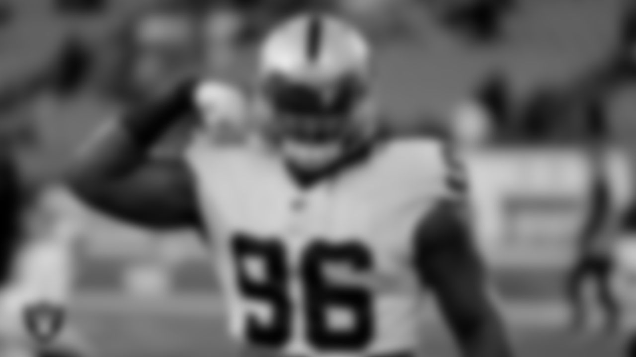 Las Vegas Raiders defensive tackle Darius Philon (96) warming up before the regular season away game against the Cleveland Browns.