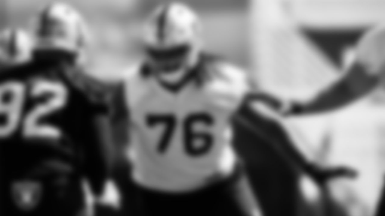 Las Vegas Raiders guard John Simpson (76) during practice at Intermountain Healthcare Performance Center.