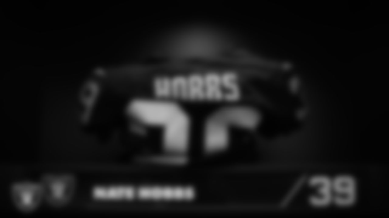 Las Vegas Raiders cornerback Nate Hobbs' (39) pads in the locker room prior to the Raiders' arrival for their regular season home game against the Los Angeles Chargers.