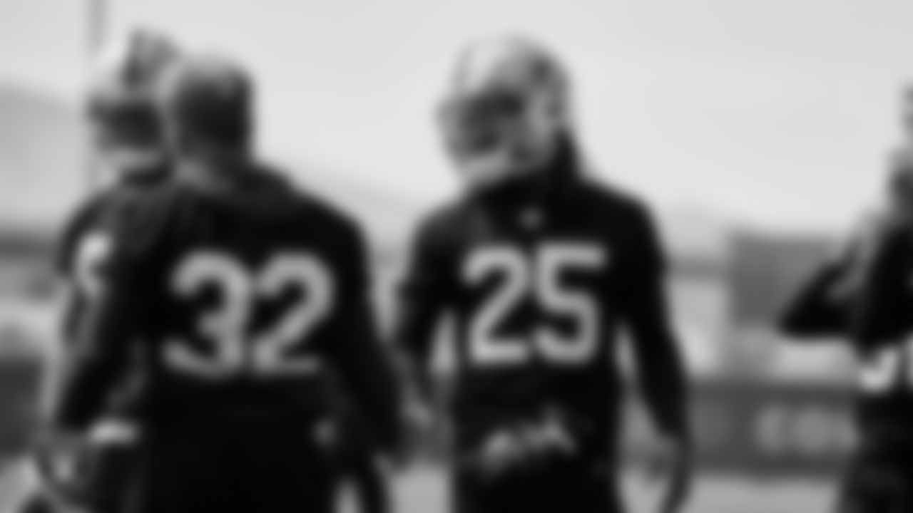 Las Vegas Raiders safety Dallin Leavitt (32) and safety Tre'von Moehrig (25) during Day Two of 2022 Veteran Minicamp.
