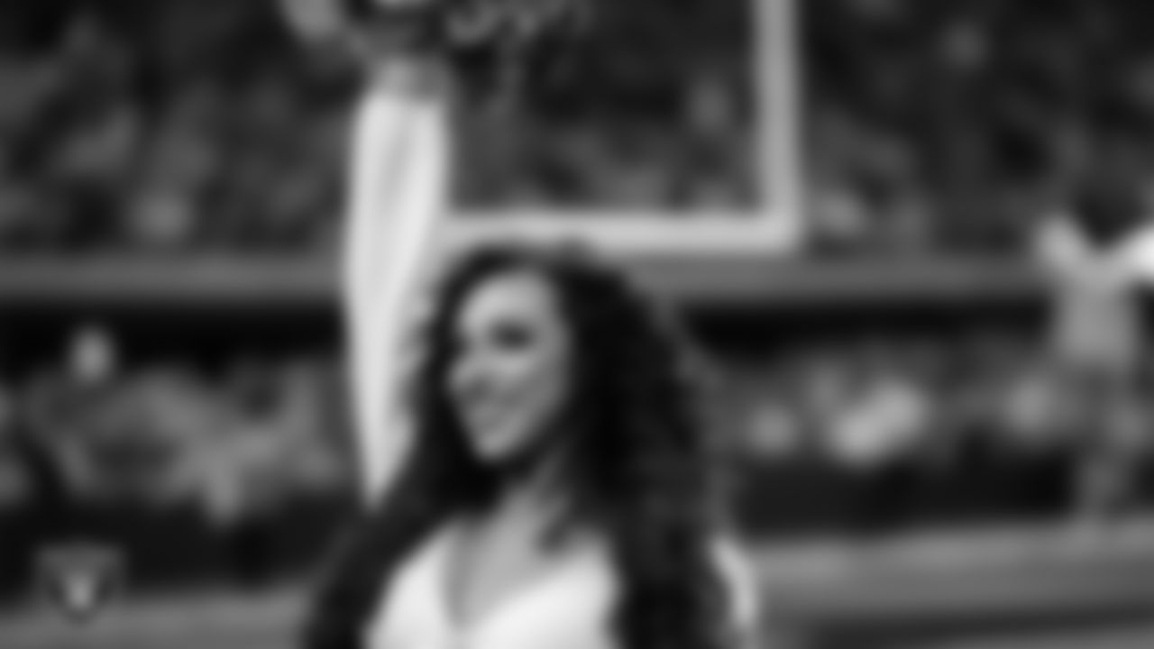Raiderette Lexie on the sidelines during the regular season home game against the Indianapolis Colts at Allegiant Stadium.