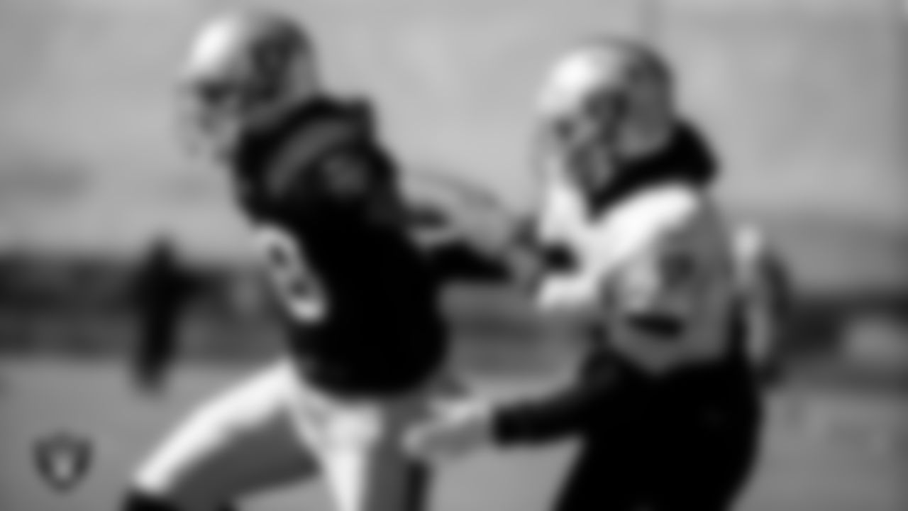 Las Vegas Raiders wide receiver Marcell Ateman (88) and safety Johnathan Abram (24) during practice.