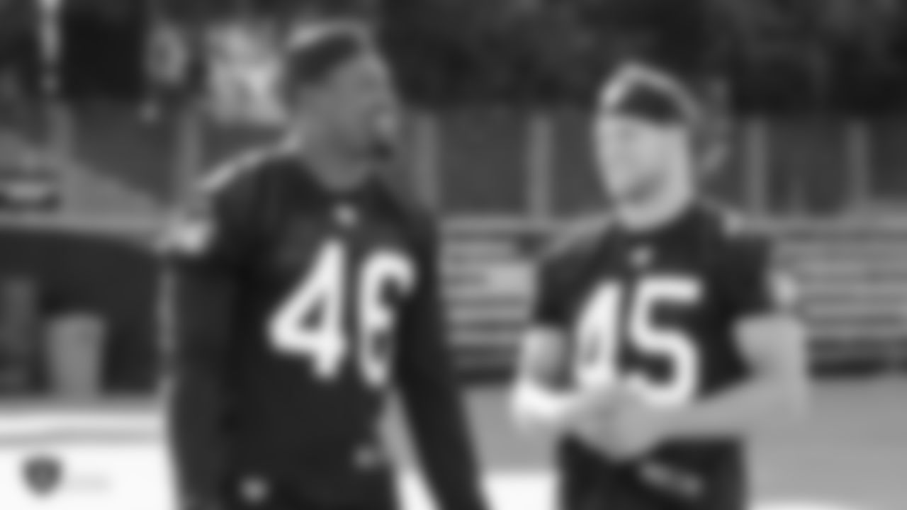 Oakland Raiders linebacker Jason Cabinda (46) and safety Dallin Leavitt (45) on the field for practice at 2018 Pre-Training Camp at The Oakland Raiders Napa Valley Training Complex, Thursday, July 26, 2018, in Napa, California.