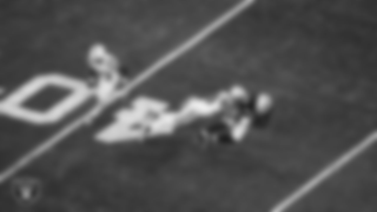 Las Vegas Raiders running back Josh Jacobs (28) runs after making a catch during the regular season home game against the Indianapolis Colts at Allegiant Stadium.