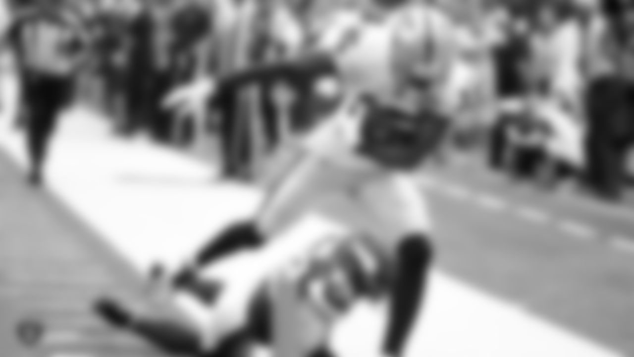 Raiders wide receiver J.J. Nelson (15) scores on a 29-yard touchdown catch during the Raiders regular season game against the Minnesota Vikings at U.S. Bank Stadium.