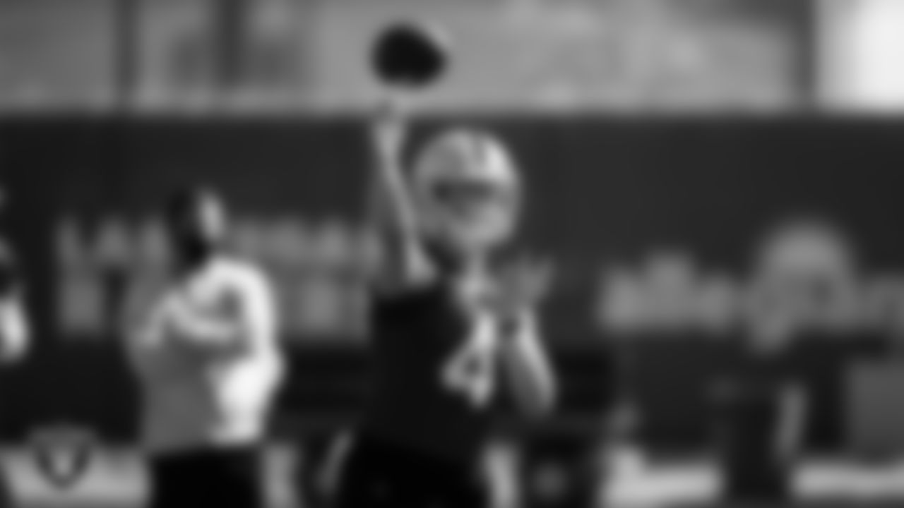 Las Vegas Raiders quarterback Derek Carr (4) during practice.