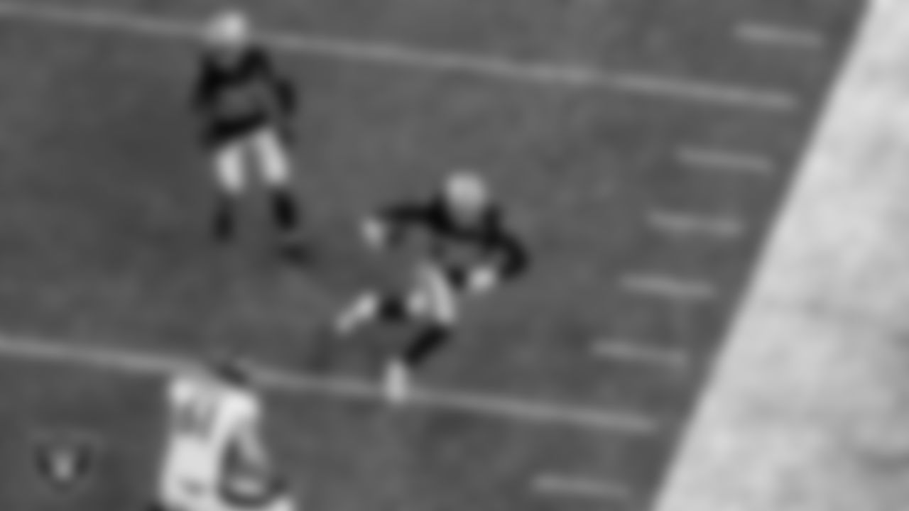 Las Vegas Raiders safety Jeff Heath (38) returns an interception during the regular season home game against the Denver Broncos.